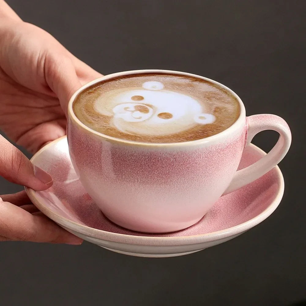 Ceramic Retro Kiln-turned Coffee Cup Cappuccino Latte Fancy Embossed Art Latte Art Cup Tea Cup and Saucer Set 300ml Cafe home