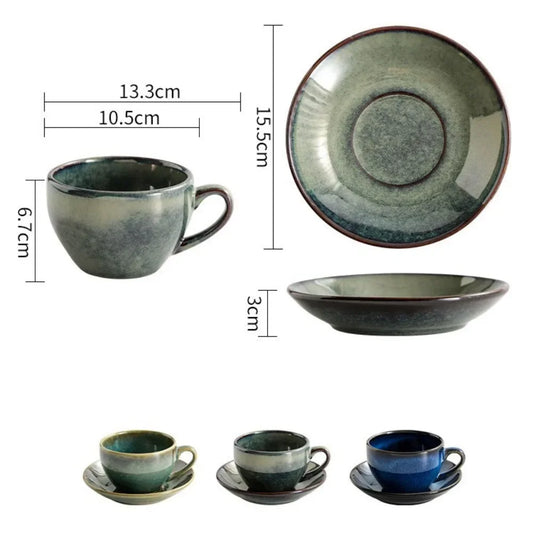 Ceramic Retro Kiln-turned Coffee Cup Cappuccino Latte Fancy Embossed Art Latte Art Cup Tea Cup and Saucer Set 300ml Cafe home