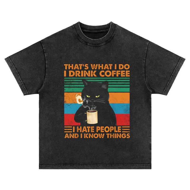 Coffee Drinking Cat Fun Printed T-Shirt Men's Washed Old Short Sleeve American Vintage High Street Cotton Half Sleeve Top