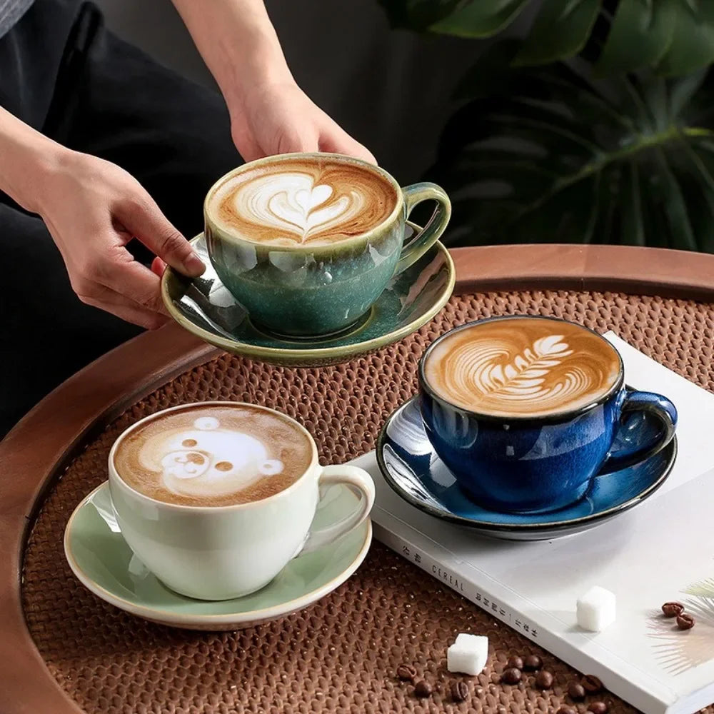 Ceramic Retro Kiln-turned Coffee Cup Cappuccino Latte Fancy Embossed Art Latte Art Cup Tea Cup and Saucer Set 300ml Cafe home