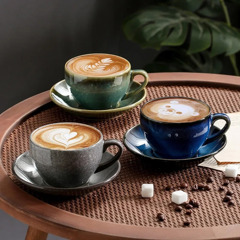 Ceramic Retro Kiln-turned Coffee Cup Cappuccino Latte Fancy Embossed Art Latte Art Cup Tea Cup and Saucer Set 300ml Cafe home