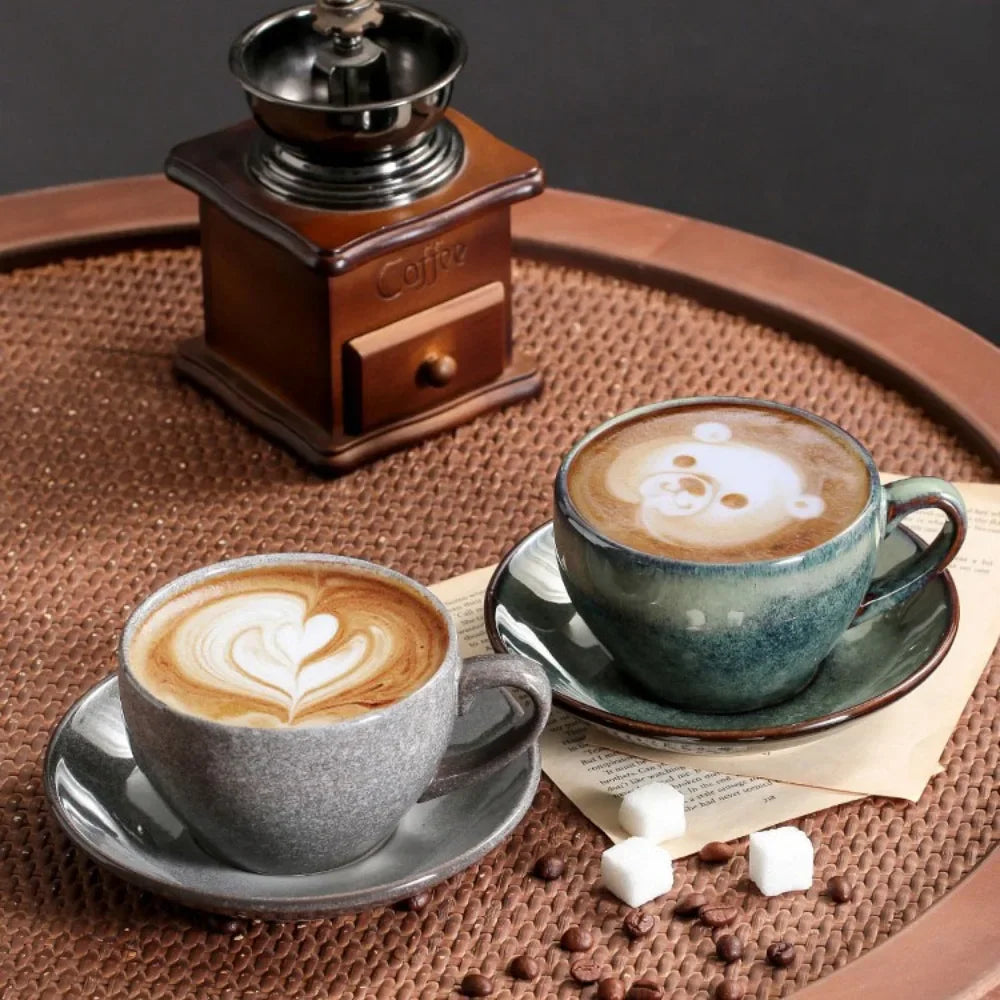 Ceramic Retro Kiln-turned Coffee Cup Cappuccino Latte Fancy Embossed Art Latte Art Cup Tea Cup and Saucer Set 300ml Cafe home