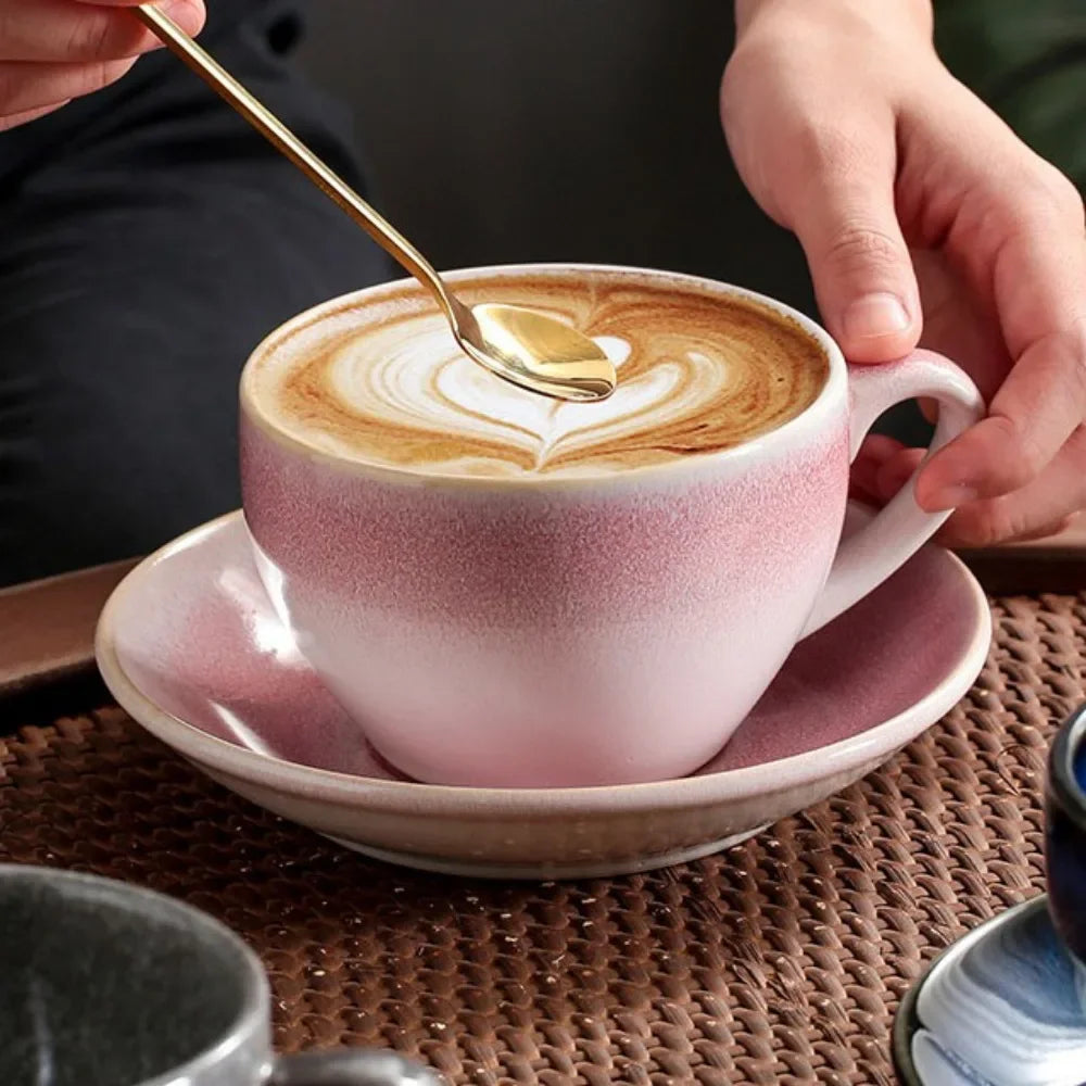 Ceramic Retro Kiln-turned Coffee Cup Cappuccino Latte Fancy Embossed Art Latte Art Cup Tea Cup and Saucer Set 300ml Cafe home
