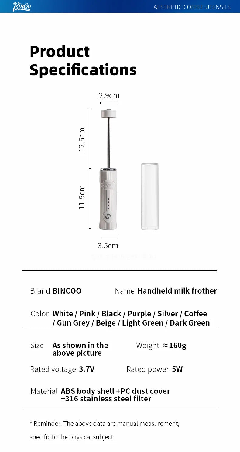 BINCOO Electric Milk Frother Wireless Handheld Blender Mini Coffee Maker Whisk Mixer Type-C Rechargeable Coffee Cappuccino Cream